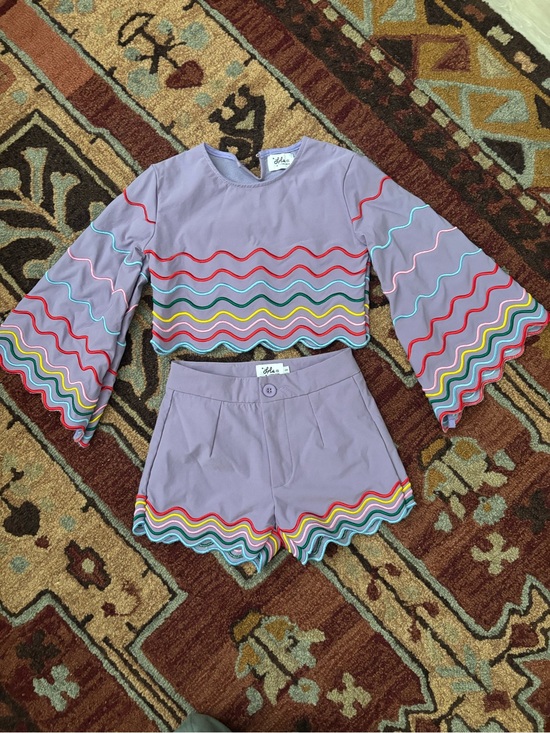 Lola + The Boys Other - Lola + The Boys Crop Top & Shorts Set with Rainbow Wave Trim